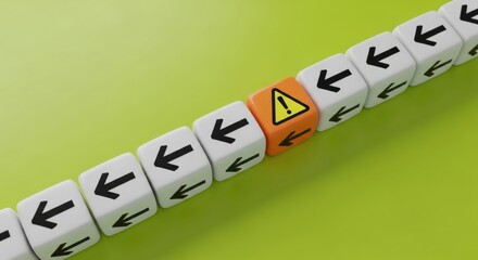 Row of white cubes with arrows and one orange cube with warning sign on a green background