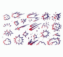 Various Comic Book Explosions Doodles Set Gradient Supernova Starburst Smoke Clouds and Speed Lines for Dynamic Cartoon Visual Effects