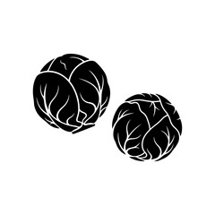 Two Black Silhouette Brussels Sprouts Organic Healthy Vegetables Isolated on White Background, Raw Food Ingredient