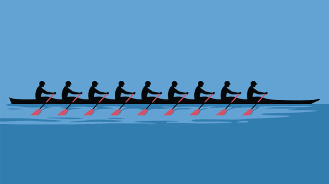 A silhouette of eight rowers in a boat on water with oars in a blue color scheme illustration