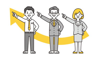 目標を指さす、シニア世代の社長と若い男女の会社員の全身ベクターイラスト素材セット