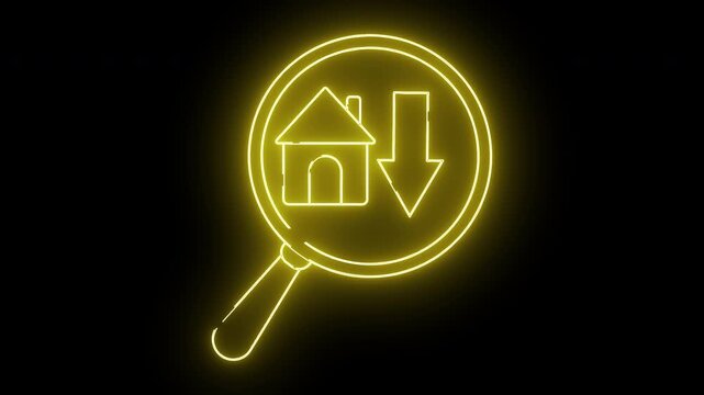 Neon yellow house icon with downward arrow inside magnifying glass on black background