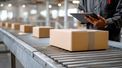 Boxes moving on conveyor belt in warehouse, worker using tablet for inventory management, industrial logistics process