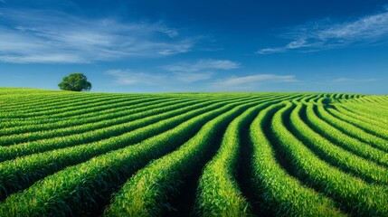 Lush Green Agricultural Field with Rolling Rows of Crop Under a Clear Blue Sky and Isolated Tree in the Distance, Symbolizing Fertility and Growth