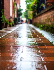 Wet brick path reflecting overhead lights, rain-streaked alleyway view