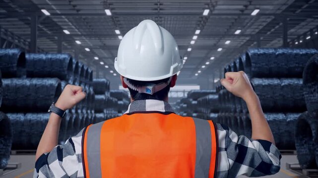 Close Up Back View Of A Male Engineer With Safety Helmet Raising His Hands Celebrating While Working with Stacks of Huge Metal Wire Coils