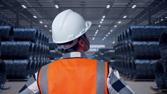 Close Up Back View Of A Male Engineer Wearing Safety Helmet Looking Around While Standing With Arms Akimbo with Stacks of Huge Metal Wire Coils