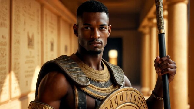 Ancient Egyptian warrior in traditional armor holding spear and shield, standing in palace corridor with hieroglyphics. Cinematic portrait of historical soldier guard.