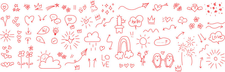 cute hand drawn doodle vector set, love, Natural , firework, cloud, weather, rainbow, snow, heart charming collection of hand-drawn doodles featuring hearts, clouds, rainbows, fireworks, and snow