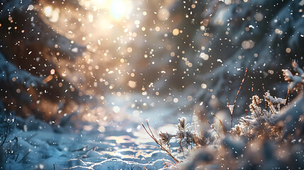 Frozen winter forest with snow-covered trees and rays of sunlight