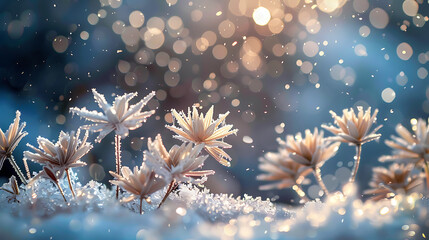 Winter background with snowflakes on the grass and bokeh