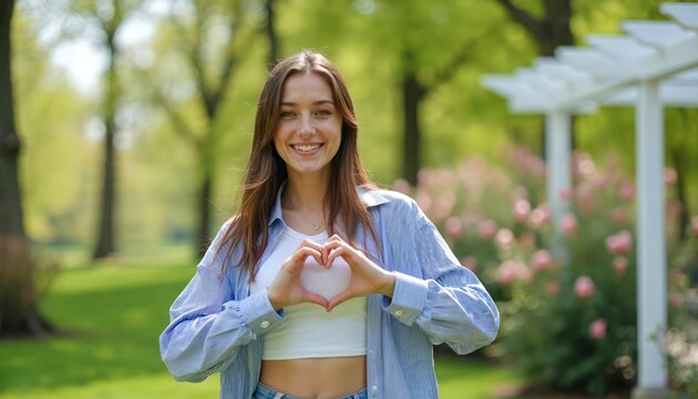 Young woman smiles, forms heart with hands outside park. Green trees, pink flowers, white trellis in background. Bright spring day outdoors.