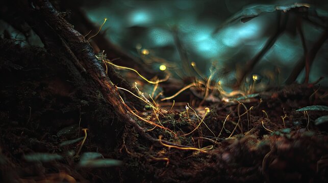 Glowing bioluminescent fungus in a dark, damp, mossy forest floor