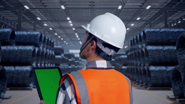 Close Up Back View Of Asian Male Engineer With Safety Helmet Working On A Green Screen Tablet And Looking Around While Standing with Stacks of Huge Metal Wire Coils
