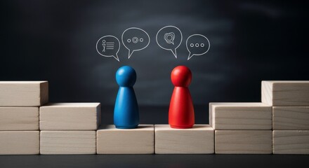 Blue and red figures on wooden blocks with speech bubbles against a dark background