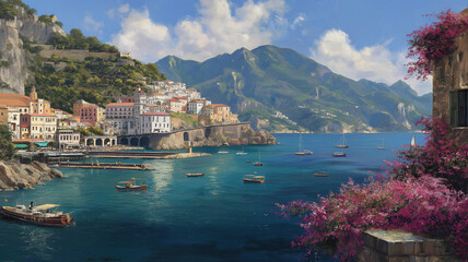 Picturesque amalfi coast town with colorful buildings and boats in the bay