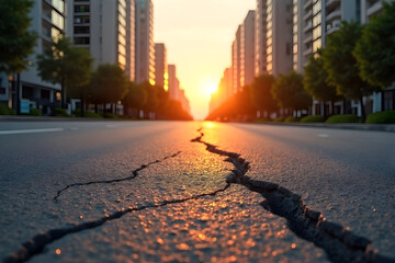 Earthquake Disaster Crack on City Road During Sunrise