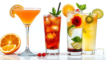 Assortment of colorful cocktails garnished with citrus fruits and herbs perfect for summer parties and drink menus
