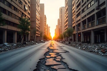 Earthquake Disaster Destroying City Street and Buildings