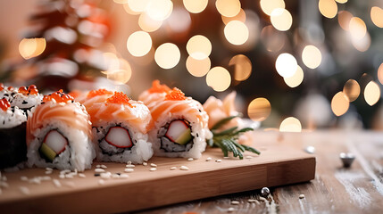 Sushi roll with salmon, cream cheese, and cucumber on a wooden board with Christmas lights background