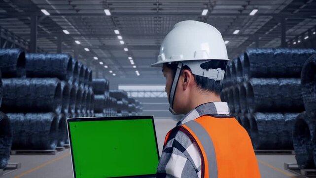 Close Up Back View Of Asian Male Engineer With Safety Helmet Working On A Green Screen Laptop And Looking Around While Standing with Stacks of Huge Metal Wire Coils