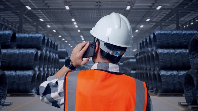 Close Up Back View Of Asian Male Engineer With Safety Helmet Talking On Smartphone While Standing with Stacks of Huge Metal Wire Coils