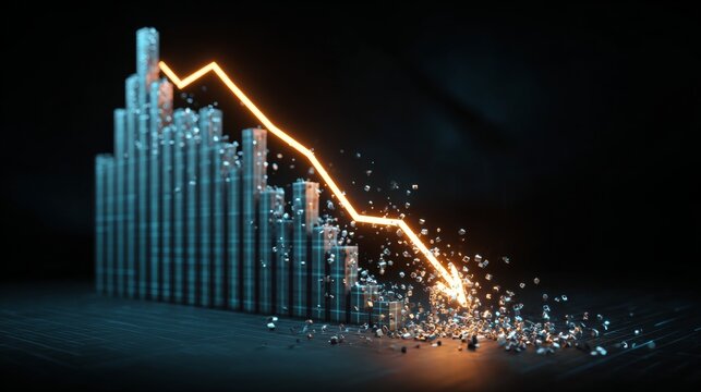Visual representation of declining market trends with glowing line graph and crystal-like bar charts on a dark background highlighting financial losses