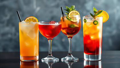 Selection of colorful cocktails refreshing mixed drinks with fruit garnish perfect for summer parties and bar menus