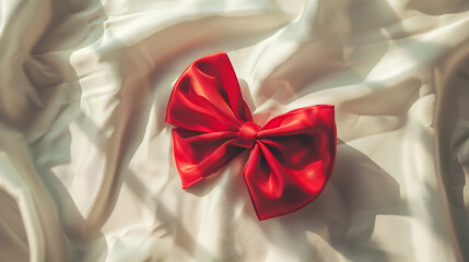 Red bow on white fabric background, top view. Valentines day concept