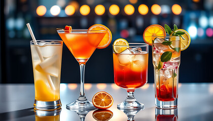 Selection of colorful cocktails garnished with citrus fruits and herbs perfect for summer parties and bar promotions