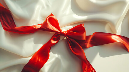 Red satin ribbon on white silk background. Festive background