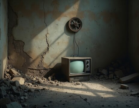 Old television set stands in abandoned room. Cracked walls rubble create vintage scene. TV shows decay. Interior evokes forgotten history. Broken environment.