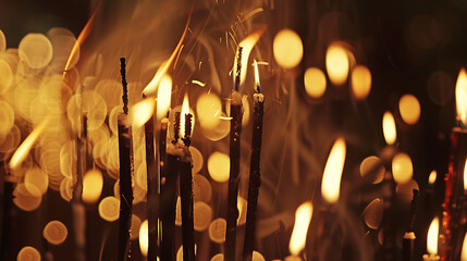 Church candles burning in the dark, close-up with shallow depth of field