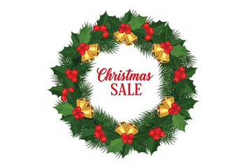 Christmas sale announcement inside a festive wreath with bells and holly berries