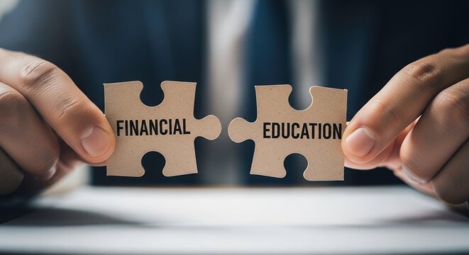 Hands holding puzzle pieces with financial and education written on them close up view - Powered by Adobe