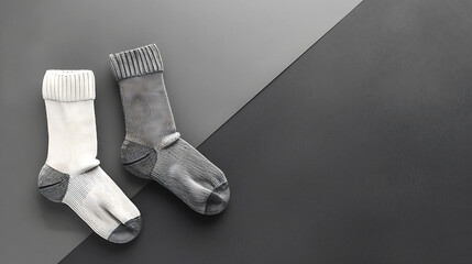 Pair of socks for clothing on black and white background, top view