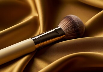 Makeup brush on golden satin background beauty product studio shot