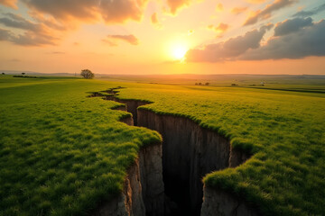 Earthquake Disaster Fault Line Across Grassland Landscape