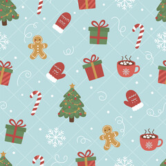 Cozy Christmas Pattern with Gifts, Cookies, Trees, and Winter Cheer