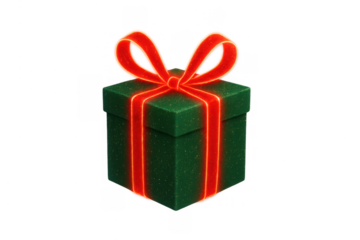 Green gift box with glowing red ribbon, celebrating holidays and special occasions, transparent background