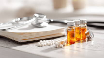 Homeopathic medicine with stethoscope and notebook on a wooden table. This image shows a close-up of homeopathic remedies with a stethoscope and notebook, perfect for health and wellness concepts