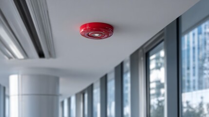 Modern red fire alarm system mounted on a ceiling in a contemporary office building with large windows and bright light streaming in through glass walls