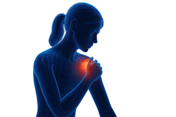 Medical illustration of woman holding painful shoulder with highlighted joint inflammation and muscle discomfort concept isolated on white background