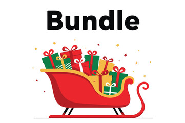 A bright red sleigh overflows with Christmas gifts under a sprinkle of confetti.