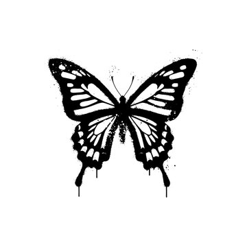 Elegant black and white butterfly graffiti stencil with dripping paint texture
