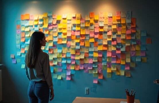 Woman stands thinking at wall with sticky notes. Female considers many diverse options, ideas, tasks. Brainstorming session for business strategy, planning. Making decision, project management. - Powered by Adobe