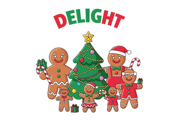 A gingerbread family celebrates the holidays around a decorated Christmas tree
