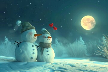 Obraz premium cute winter postcard two snowmen stand close together in snowy forest landscape, gazing at bright full moon. Hearts float above them, adding touch of romance to serene winter scene