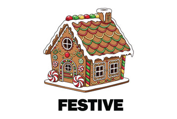 A festive gingerbread house decorated with icing and candies for the holidays.