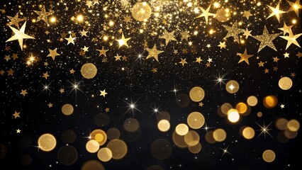 Luxury gold glitter and stars background with festive bokeh lights on a black backdrop for celebration.